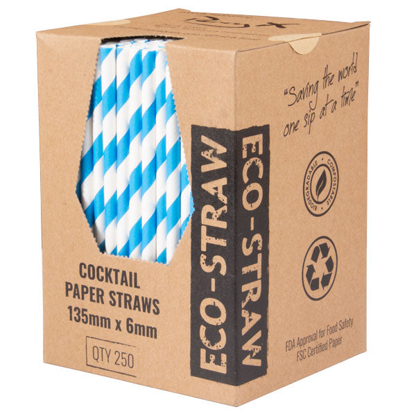 ECO STRAW - COCKTAIL - PAPER STRAW - 3 PLY - BLUE STRIPE