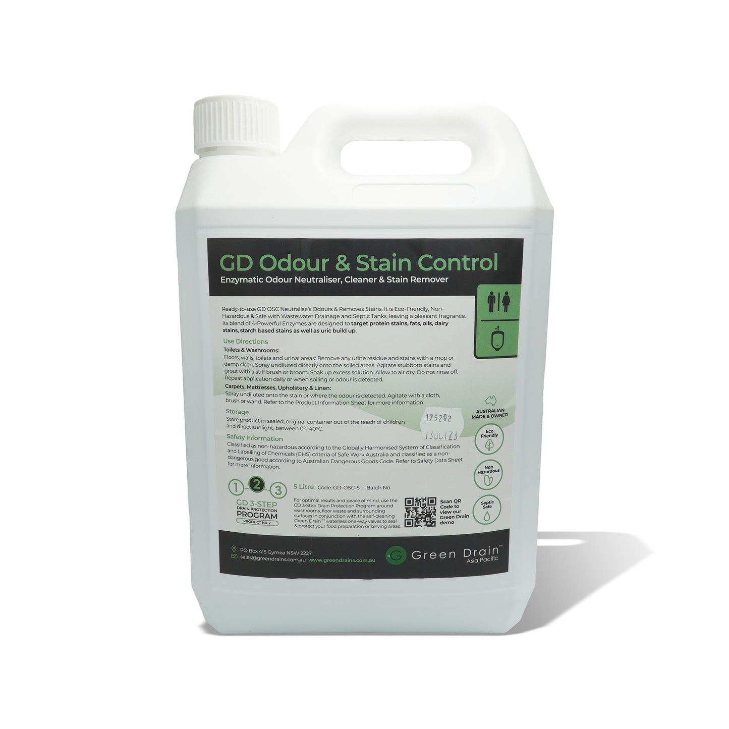 GREEN DRAIN - ODOUR & STAIN CONTROL CLEANER - 5 LITRE