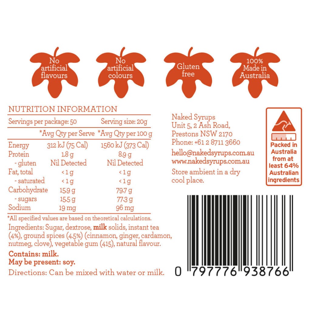 NAKED SYRUPS - SPICED CHAI LATTE POWDER - 1 KG