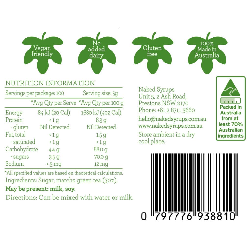 NAKED SYRUPS - MATCHA TEA POWDER - 500GM