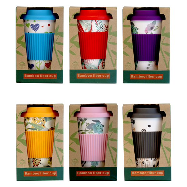 BAMBOO COFFEE CUP WITH SILICONE LID - ASSORTED DESIGNS - 400ML