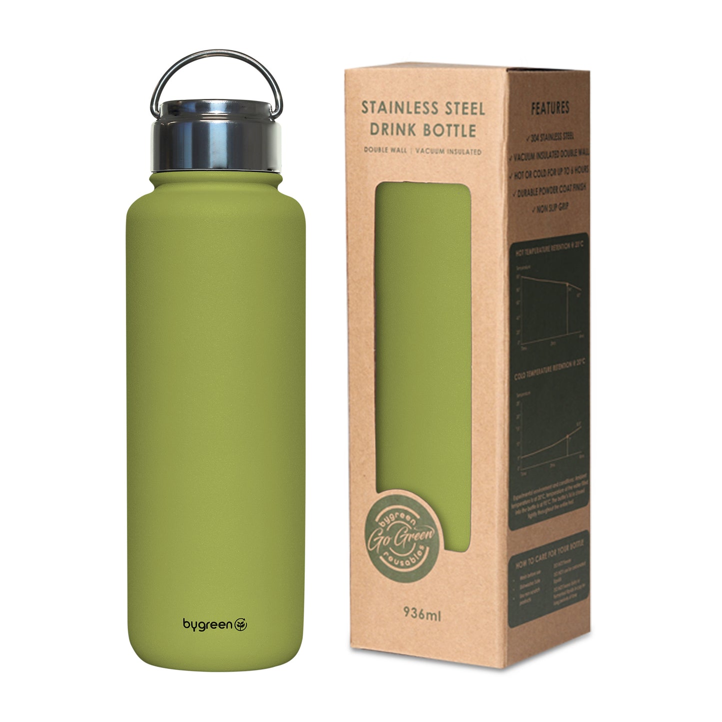 GO GREEN - REUSABLE WATER BOTTLE - 936ML - OLIVE