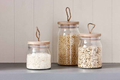 DAVIS & WADDELL - ROUND GLASS STORAGE CANISTER - WITH WOODEN LID - 3 PIECE SET