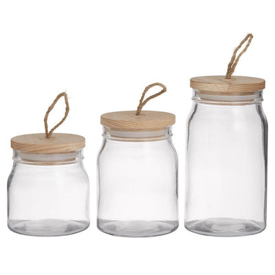 DAVIS & WADDELL - ROUND GLASS STORAGE CANISTER - WITH WOODEN LID - 3 PIECE SET