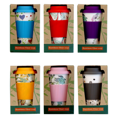 BAMBOO COFFEE CUP WITH SILICONE LID - ASSORTED DESIGNS - 400ML